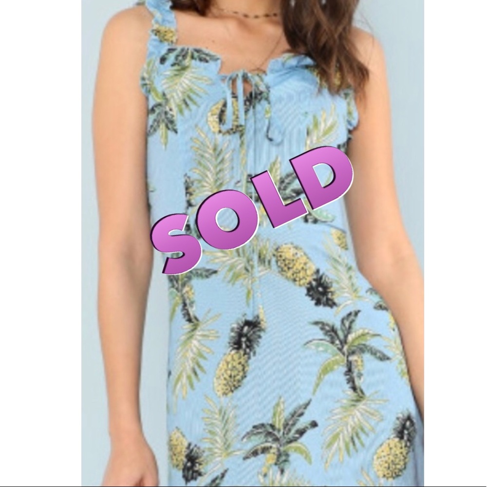 💝Pineapple Print Tie Neck Frill Trim Dress💝